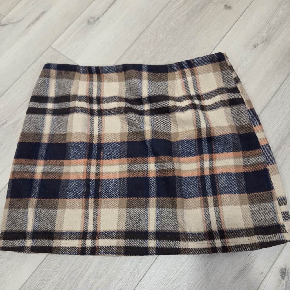 Plaid Wool Blend Skirt - Navy and Tan
